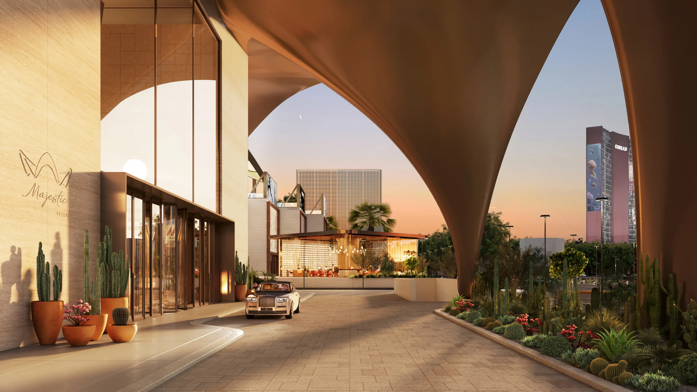 Valet drive-up beneath the bronze sails at Majestic Las Vegas